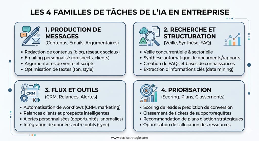 Schéma : les 4 familles de tâches de l'IA en entreprise — production de messages, recherche et structuration, flux et outils, priorisation